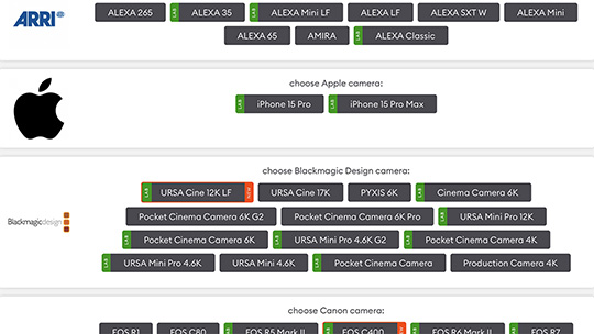 Overview of cameras from ARRI, Apple and Blackmagic Design from the CineD Camera Database