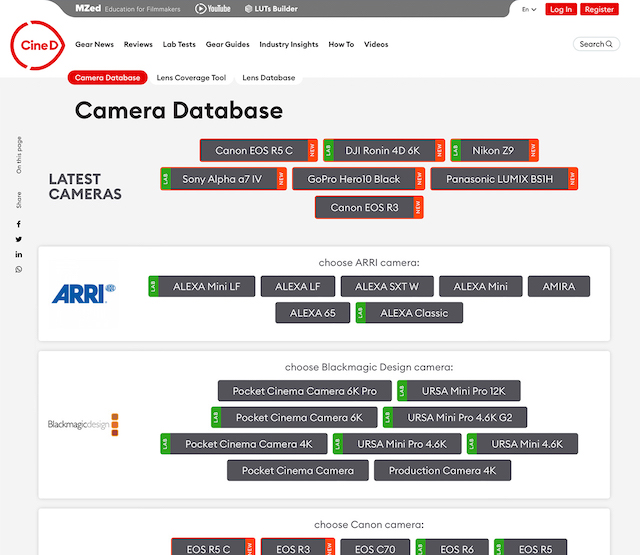 Screenshot of the CineD Camera Database