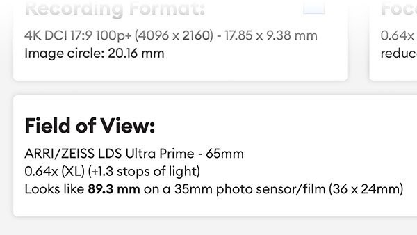 Field of View result of lens and modifier selection