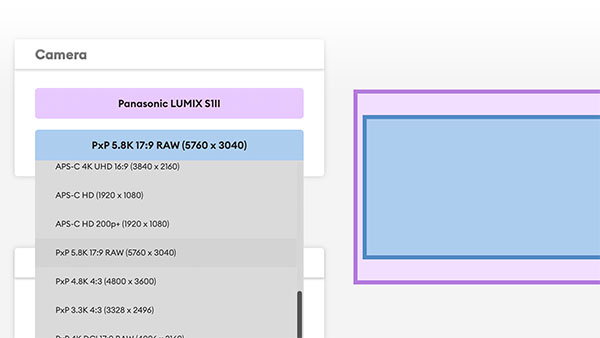 Camera and Recording Format selector with various recording options