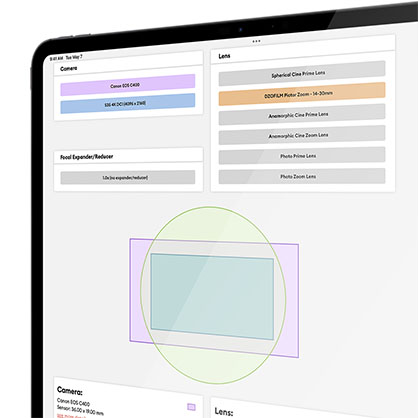 Lens Coverage Tool displaying lens image circle on top of camera sensor and recording mode