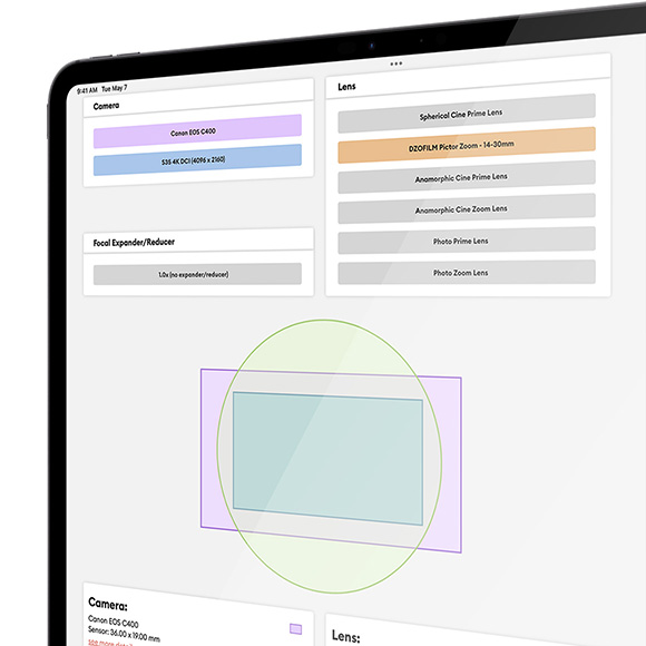 Lens image circle displayed on top of camera sensor and recording mode from the CineD Lens Coverage Tool