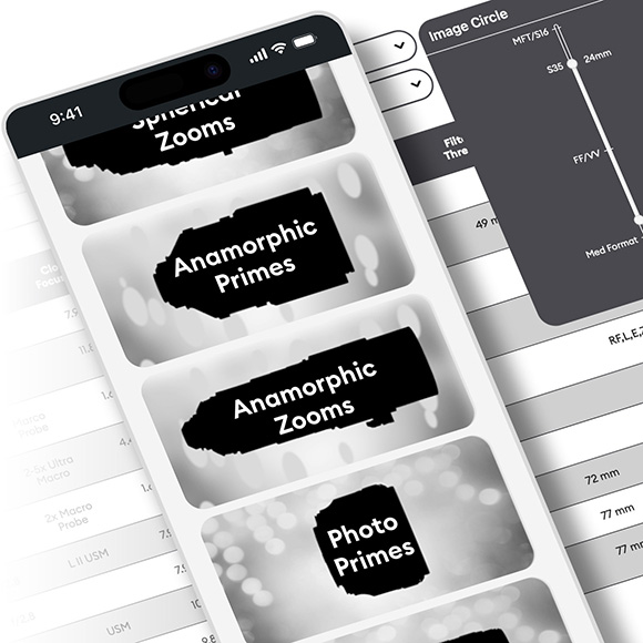 Anamorphic and spherical zoom and prime lens categories and image circle filter from the CineD Lens Database