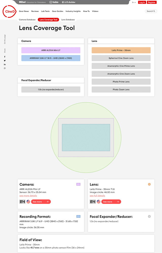 Screenshot of the CineD Lens Coverage Tool