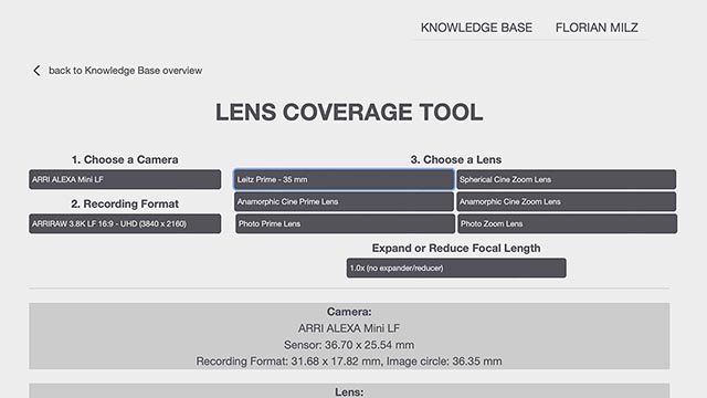 Screenshot of the original Lens Coverage Tool