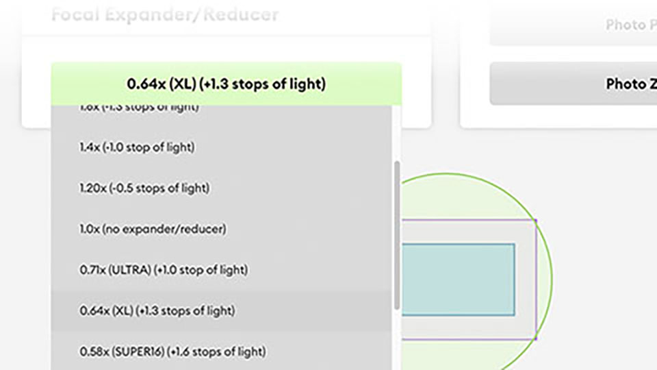 Dropdown with various focal expander and reducers to affect image circle